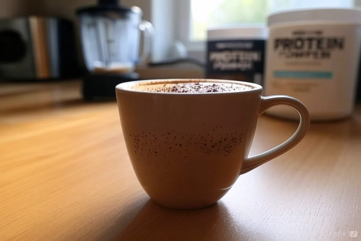 Frothy protein coffee in a cozy kitchen