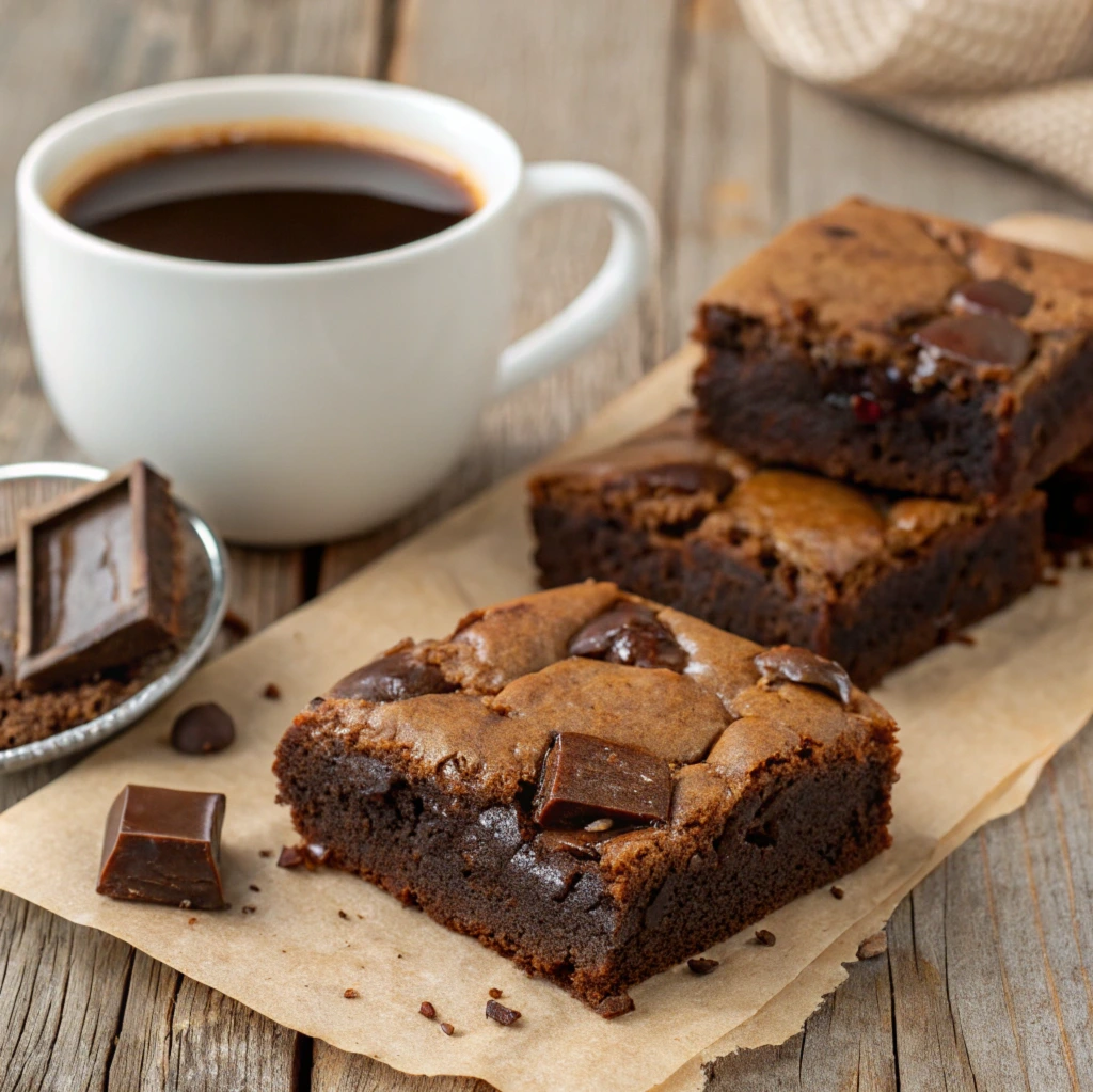 Close-up of fudgy brownies with melted chocolate chunks, gooey center, served on a rustic wooden table with a cup of coffee.