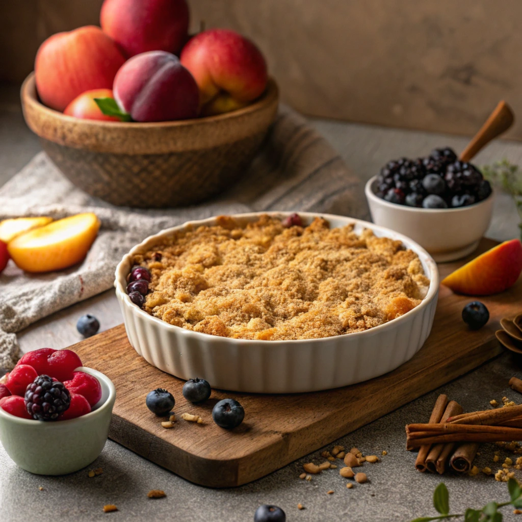 Golden, crispy crumble with a vibrant fruit filling of apples, berries, and peaches, served in a rustic kitchen with soft, warm lighting.