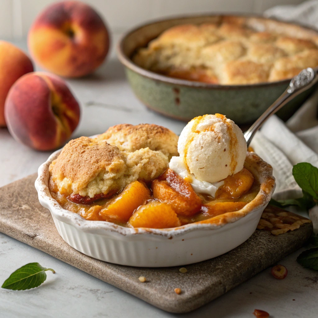 Delicious homemade peach cobbler with a golden biscuit topping, juicy peach filling, and a scoop of vanilla ice cream, served with fresh peaches and syrup.