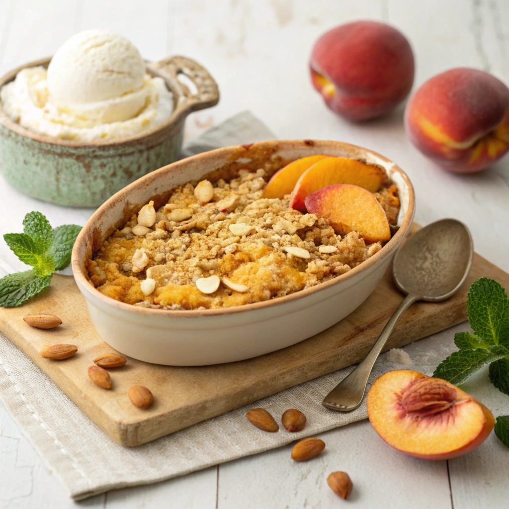 A freshly baked peach crumble in a rustic ceramic dish, featuring a golden, crunchy topping made with oats and almonds, sitting atop juicy peach filling. The dish is surrounded by fresh peach slices and mint leaves, with a scoop of vanilla ice cream on the side, creating a warm and inviting dessert scene.