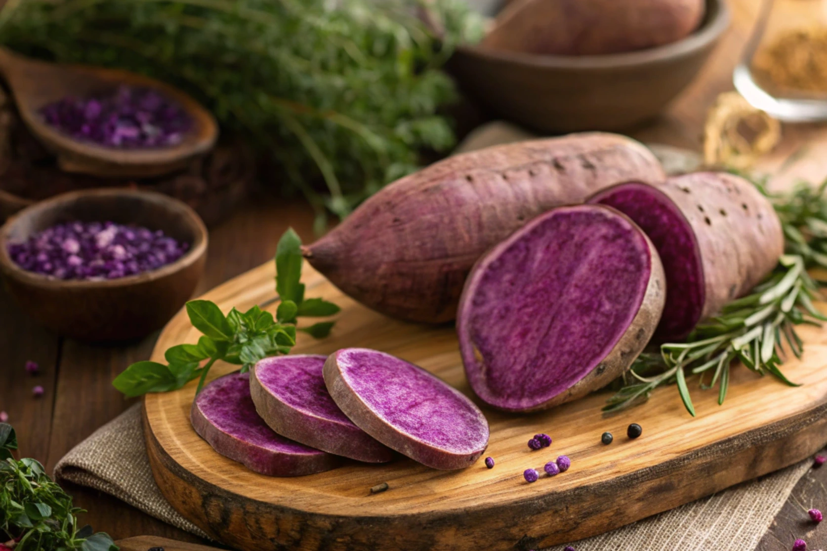 A vibrant close-up of purple sweet potatoes on a rustic wooden table, surrounded by fresh herbs and spices. The potatoes should be sliced open to show their rich purple interior, with a glowing light to highlight their color. The background should be warm and inviting, evoking a sense of health, freshness, and natural beauty. The scene should be styled in a way that entices viewers to explore the nutritious benefits and versatility of purple sweet potatoes in their cooking.