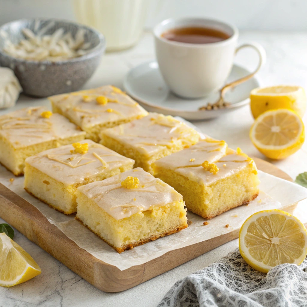 Freshly baked lemon brownies with glossy lemon glaze and zest topping