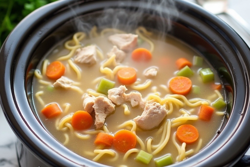 Chicken noodle soup cooking in a crockpot