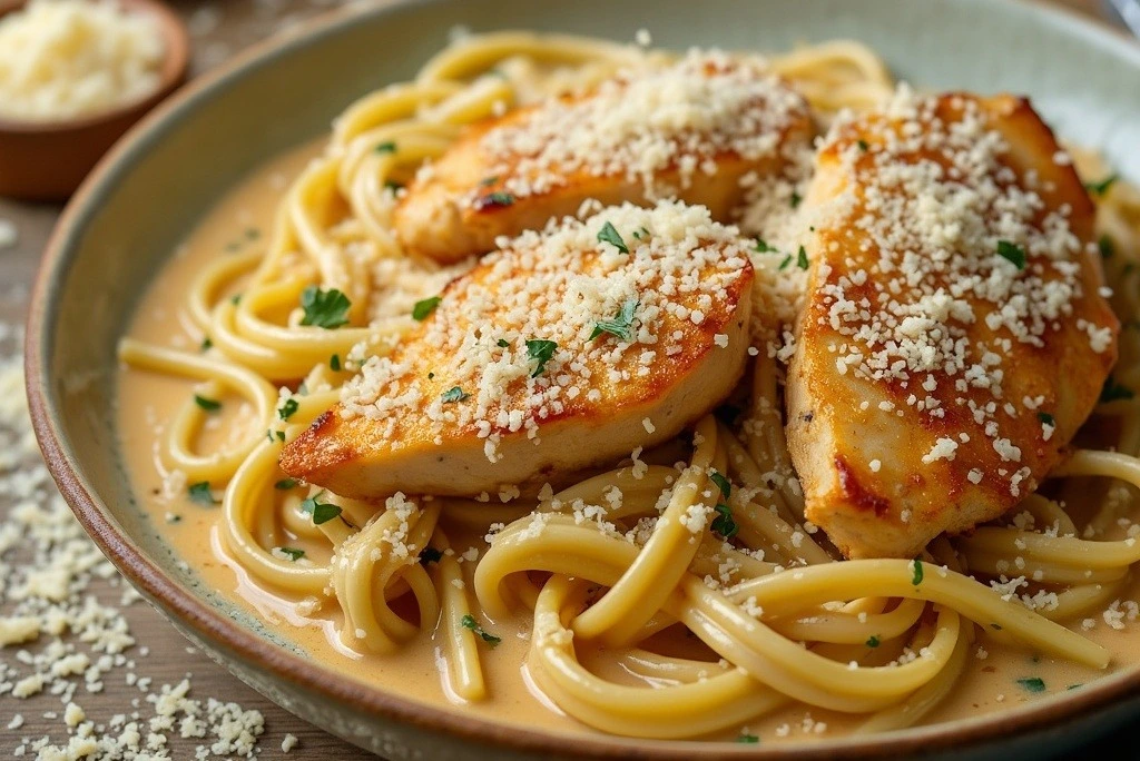 A delicious serving of garlic parmesan chicken pasta with creamy sauce, topped with grilled chicken pieces and parmesan cheese, accompanied by fresh garlic and parsley.