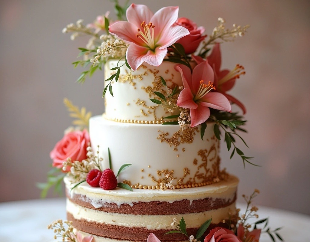 Elegant wedding cake decorated with fresh flowers, layers of chocolate and vanilla, raspberry filling, buttercream frosting, and golden leaf accents.