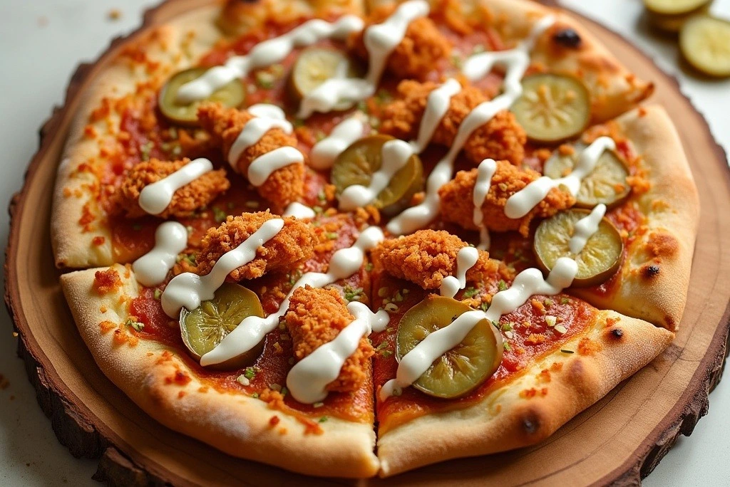 Pizza Hut’s pickle pizza featuring spicy dill pickles, crispy Nashville hot chicken, and creamy ranch sauce, served on a rustic wooden board, showcasing a bold and unique flavor combination.