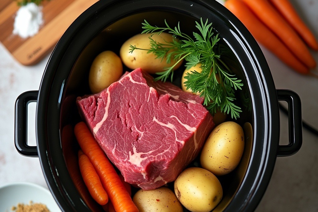 Slow cooker with stew ingredients