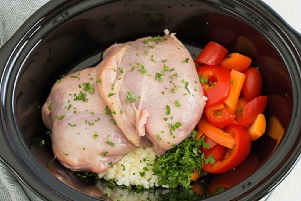 Slow cooker with fresh vegetables and meat