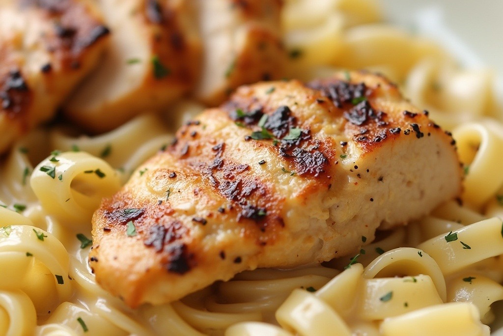 Grilled chicken on top of pasta