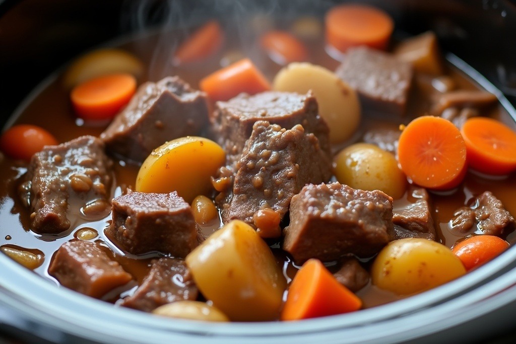 Beef stew in a crockpot, tender and flavorful