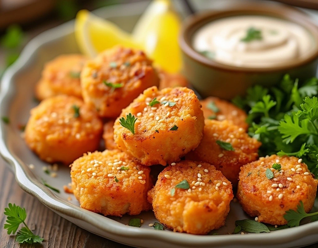 Delicious crispy salmon bites garnished with fresh herbs and sesame seeds, served with lemon wedges, dipping sauce, and a side of roasted vegetables on a wooden table.