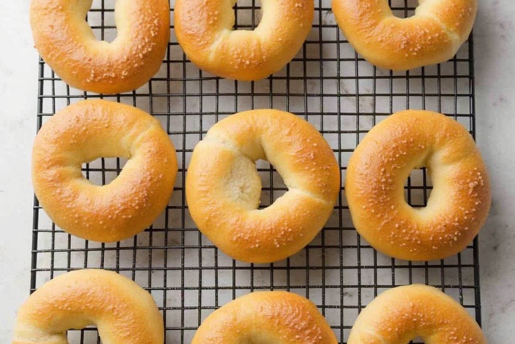 Freshly baked gluten-free bagels cooling