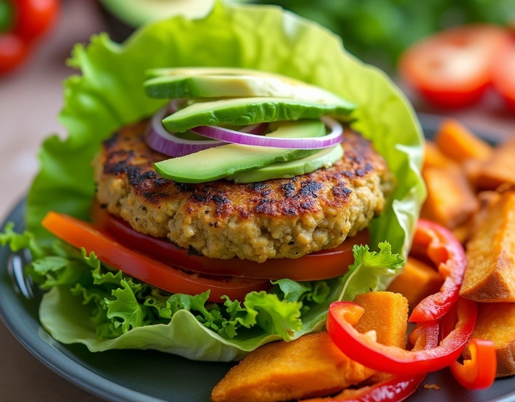 A healthy burger with a lean turkey patty, lettuce wrap, avocado, fresh veggies, and a side of sweet potato fries, perfect for a nutritious meal.