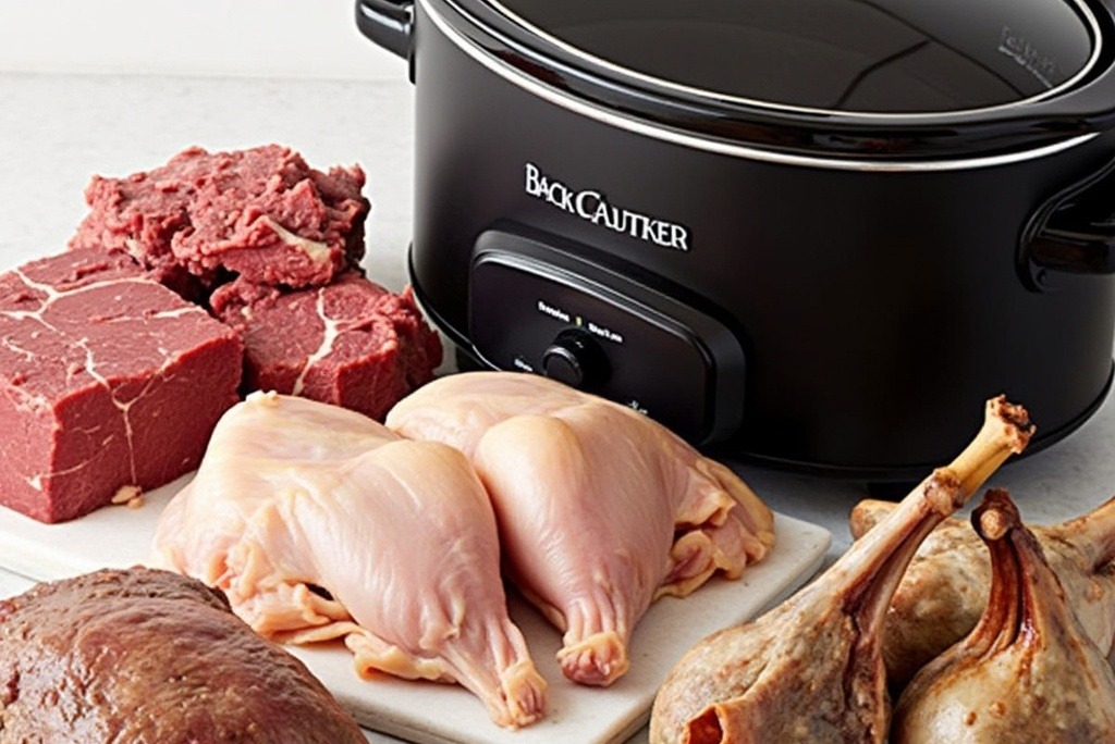 Various cuts of meat near slow cooker