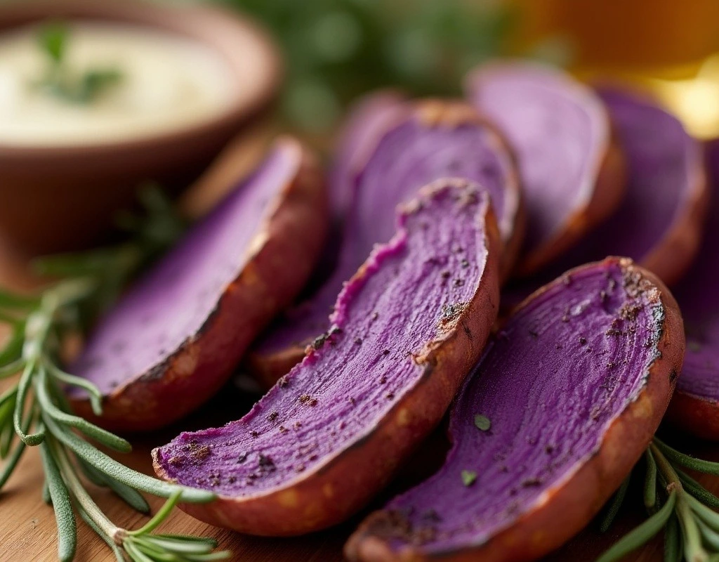 Delicious roasted purple sweet potatoes with a crispy exterior and vibrant purple interior, garnished with fresh herbs and served with dipping sauce. Explore the health benefits of purple sweet potatoes.