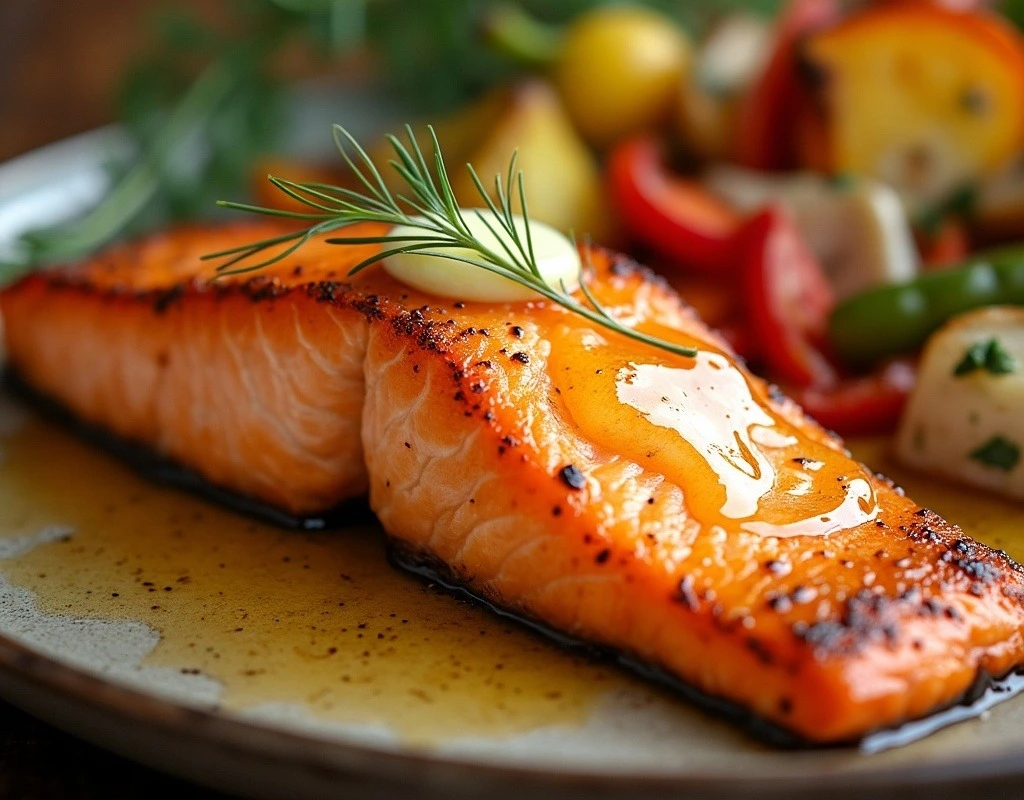 Deliciously cooked salmon with golden crispy skin, topped with melted butter and garnished with fresh herbs, served with colorful sides for a tempting meal.