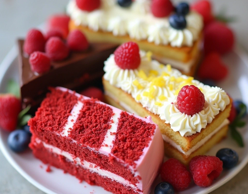 Assorted cake slices with different flavours like chocolate with raspberry, vanilla with lemon buttercream, and red velvet with cream cheese frosting, decorated with fresh raspberries, blueberries, and lemon slices