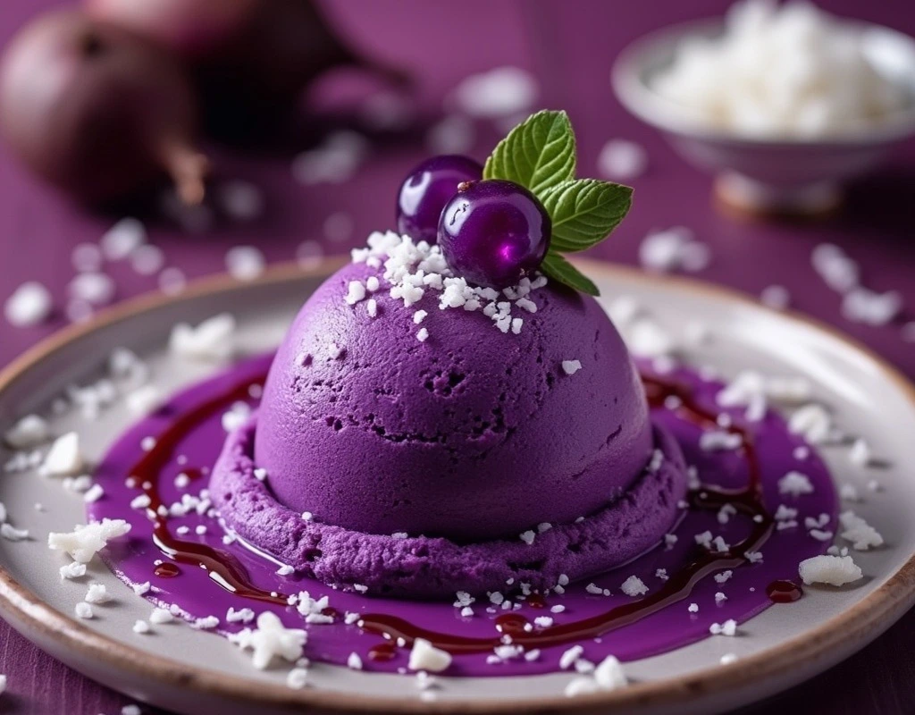 Vibrant ube dessert, featuring creamy ube ice cream or a slice of ube cake with coconut flakes, inviting and indulgent with a rich purple color.