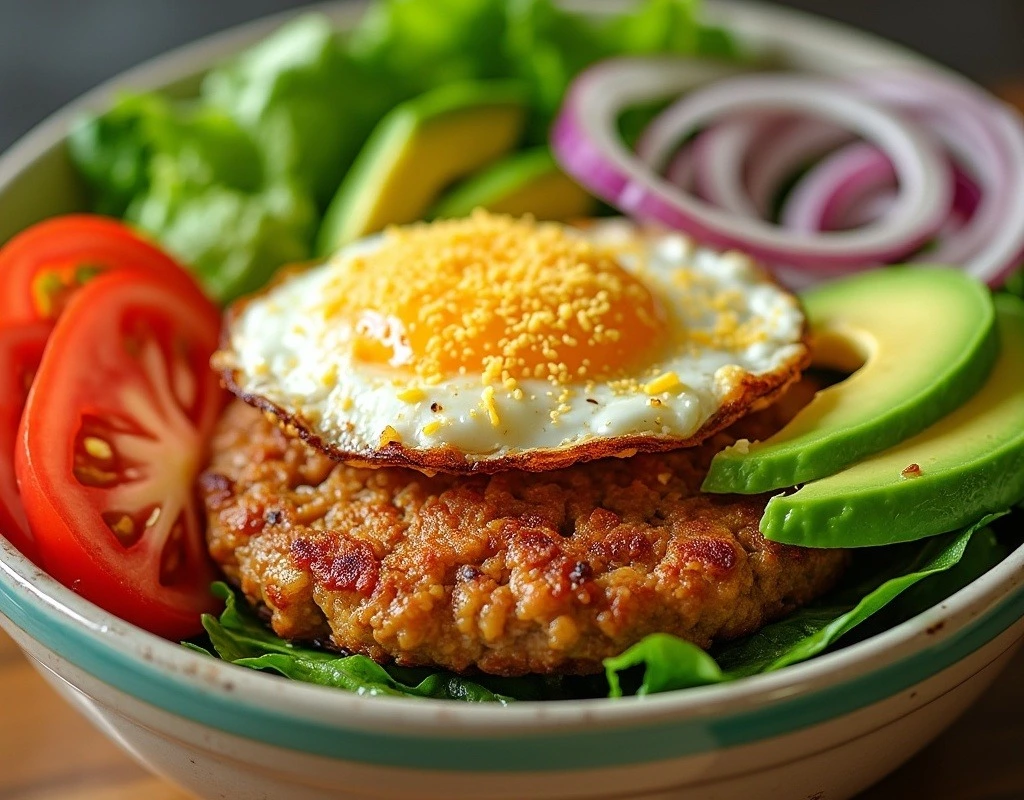 Healthy burger bowl with lean meat, fresh vegetables, egg, avocado, and light sauce, showcasing a tasty and nutritious meal option.