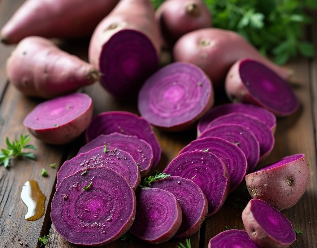 Delicious purple sweet potatoes sliced and roasted, showcasing their rich purple color and savory appeal, perfect for any meal.