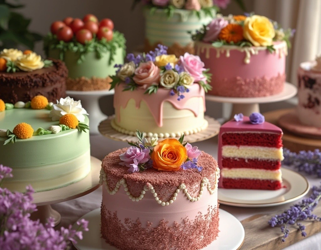 Assortment of beautifully decorated cakes with popular and trendy flavors like chocolate, vanilla, red velvet, matcha, and lavender, displayed on an elegant cake table for a celebration.