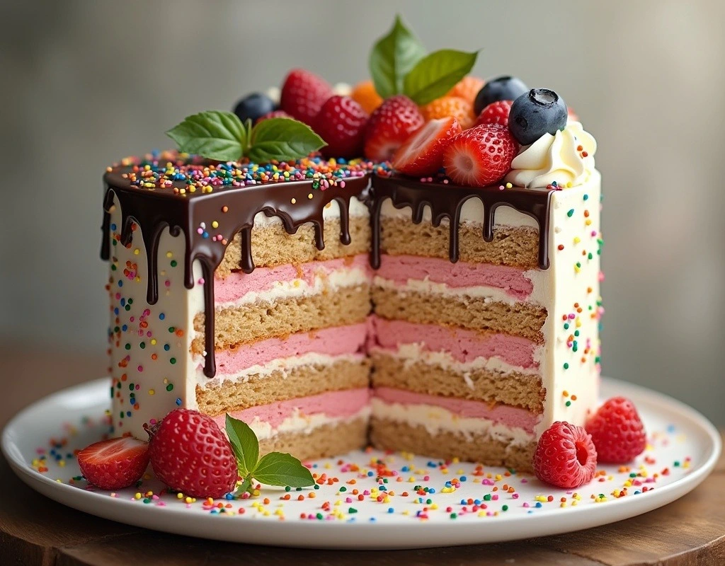 Beautifully decorated multi-layered cake with chocolate ganache, vanilla buttercream, colorful sprinkles, fresh berries, and basil leaves, creating an inviting and elegant dessert.