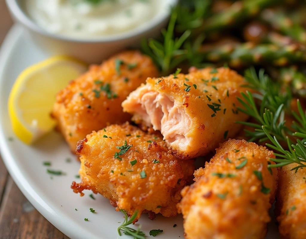 Plate of crispy golden salmon bites garnished with fresh parsley and lemon wedges, served with a tangy lemon-dill dipping sauce and colorful roasted vegetables, showcasing a mouth-watering and healthy meal.