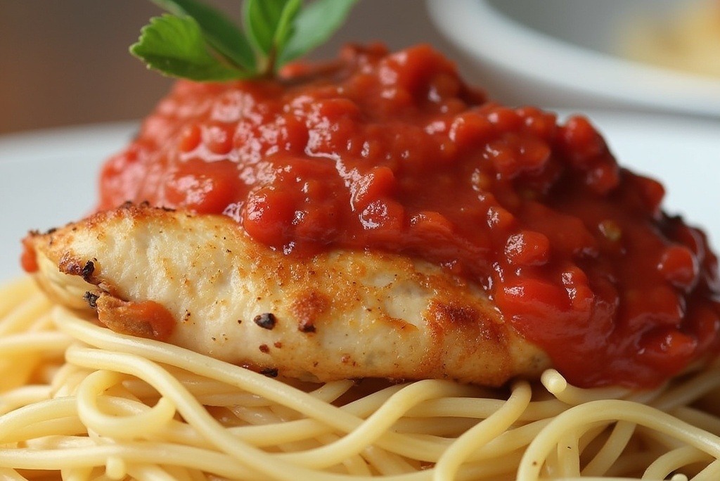 Spaghetti with tomato sauce and chicken