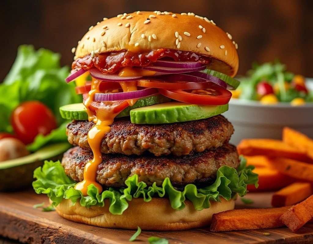 Delicious gourmet burger stacked with fresh toppings like avocado, lettuce, and tomato, with a secret sauce oozing out. Perfect for anyone looking to elevate their burger game.