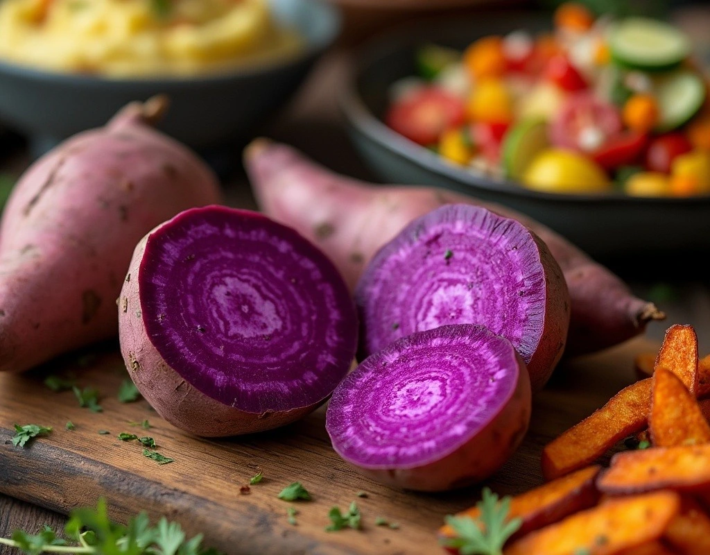 Fresh purple sweet potatoes sliced open, displayed with mashed, roasted, and fried versions, showcasing their versatility and vibrant color.