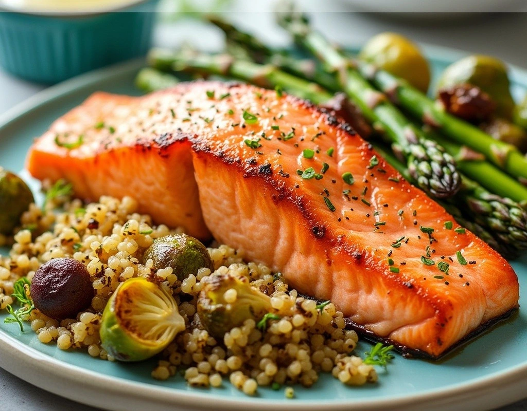 Plated salmon with crispy skin, juicy pink interior, roasted Brussels sprouts, asparagus, quinoa, and a side of lemon-dill sauce. Text overlay reads ‘Discover What Mixes Well with Salmon – Delicious Pairings Inside!’