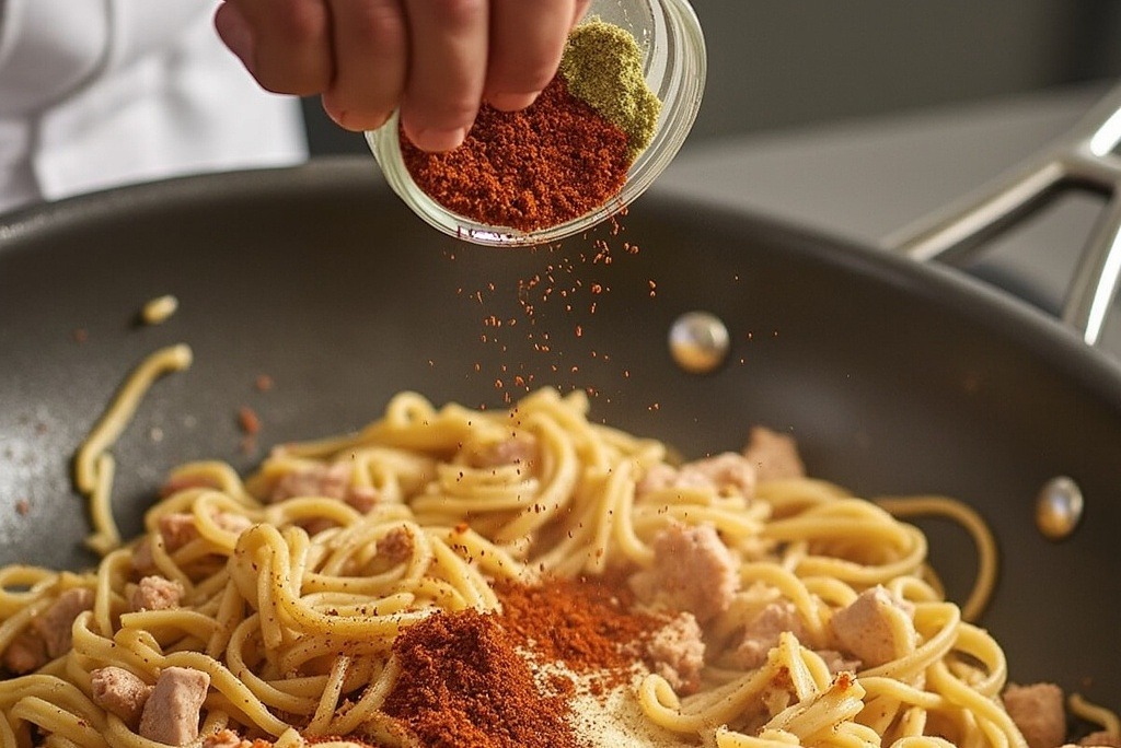 Cooking Cajun chicken pasta in a skillet