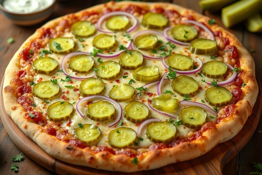 A delicious Pickle Pie Pizza with a golden crust, melted mozzarella, and evenly spaced dill pickle slices, garnished with red onions and fresh herbs, served on a wooden table with ranch dressing and whole pickles nearby.