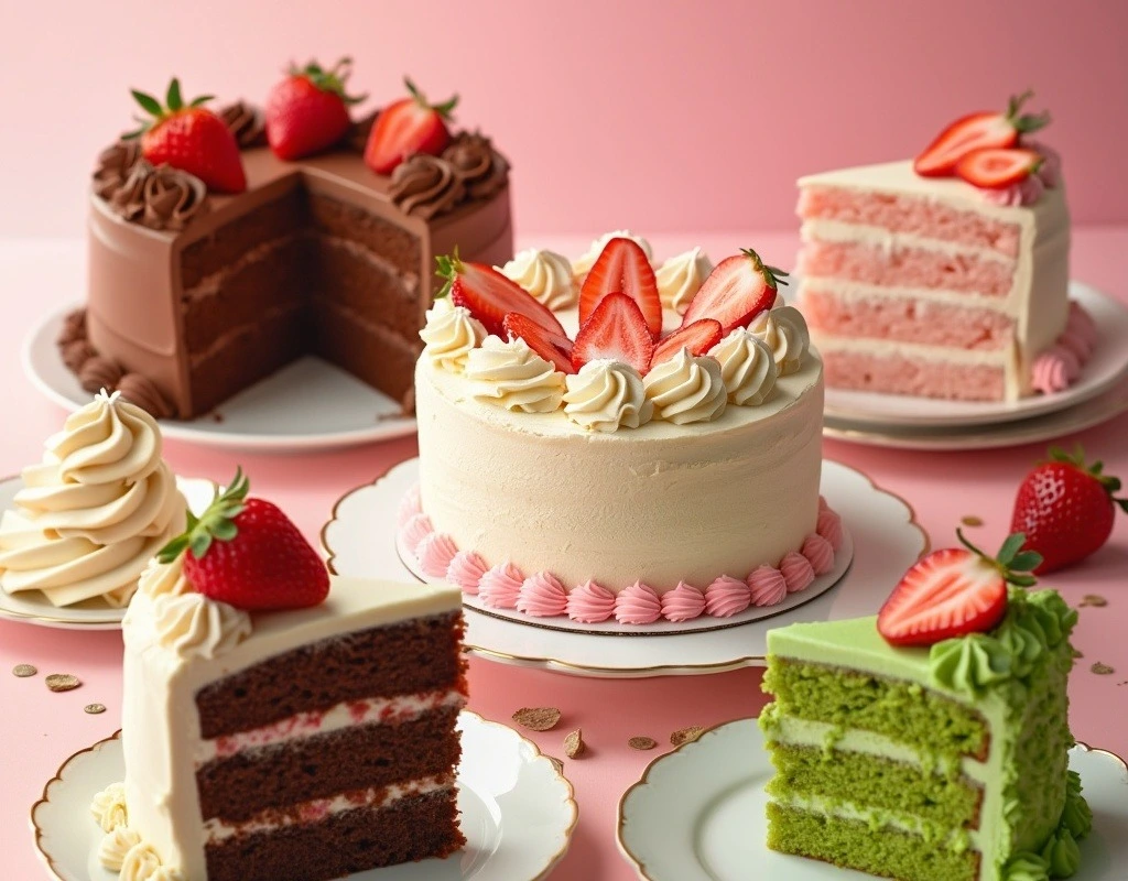 A variety of mouthwatering cakes showcasing different flavours like chocolate, vanilla, strawberry, and matcha, arranged elegantly on plates, with vibrant colours and rich frosting.