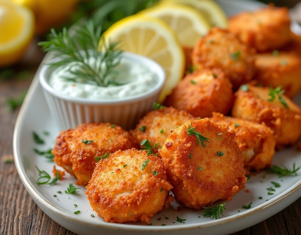 Close-up of crispy golden salmon bites on a plate with lemon dill sauce, garnished with fresh parsley and lemon slices, creating a mouthwatering and inviting presentation.