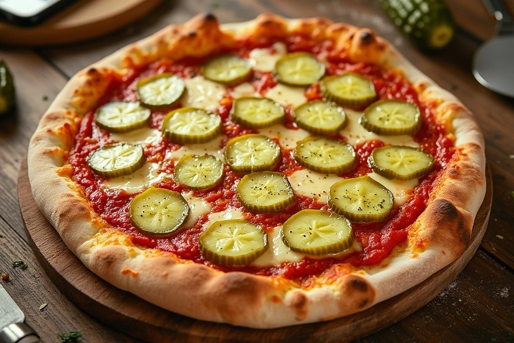 A delicious, freshly baked pizza topped with sliced dill pickles, melted mozzarella cheese, and tomato sauce sits on a rustic wooden table. Surrounding the pizza are whole pickles and pizza-making tools like a cutter and spatula. In the background, a smartphone displays a viral social media post about pickle pizza, highlighting its status as an unconventional and innovative pizza topping.