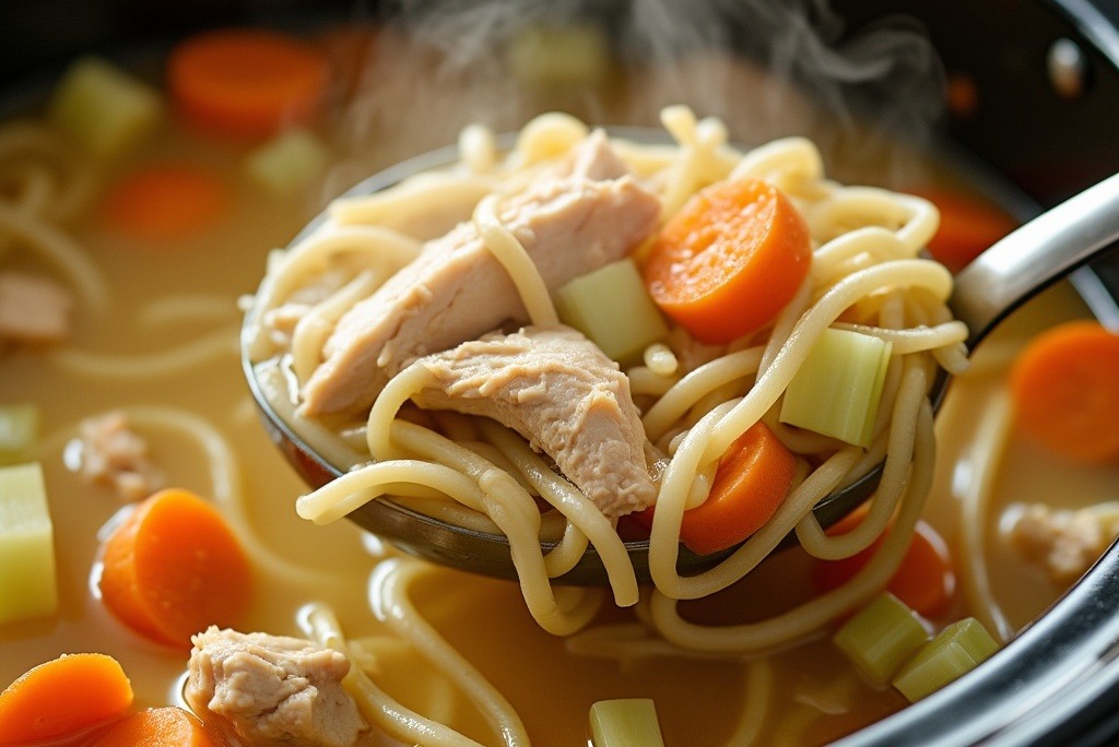 Crockpot filled with chicken soup