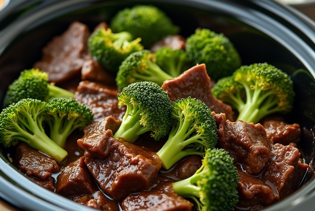 Beef and broccoli dish served with rice