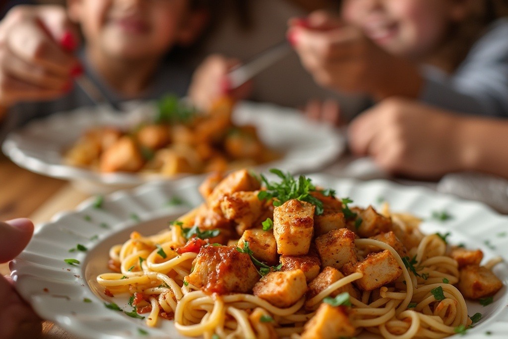 Chicken and pasta being served on a dining table