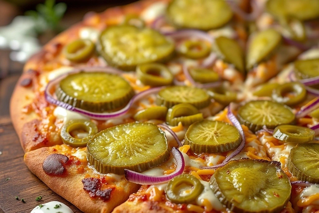 A close-up of a delicious pickle pizza with crispy crust, melted cheese, sliced dill and bread & butter pickles, red onions, and green olives, presented on a rustic wooden table with ranch dressing on the side.