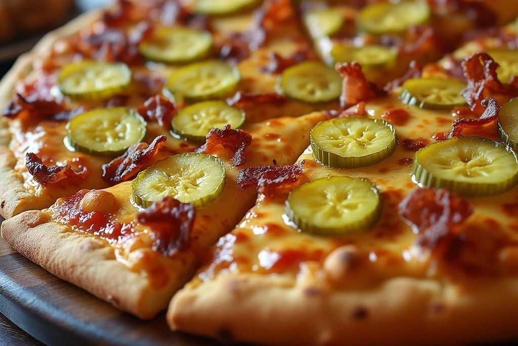 Pickle pizza with melted cheese, crispy bacon, and pickle slices on a golden, crispy crust, perfect for attracting lovers of unique flavor combinations.