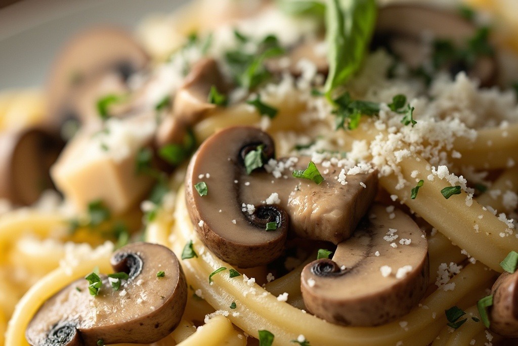 A garnish of fresh herbs on pasta