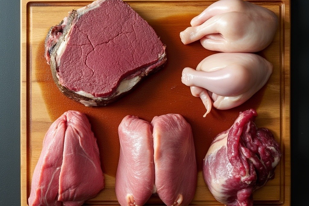 Different cuts of meat on a cutting board