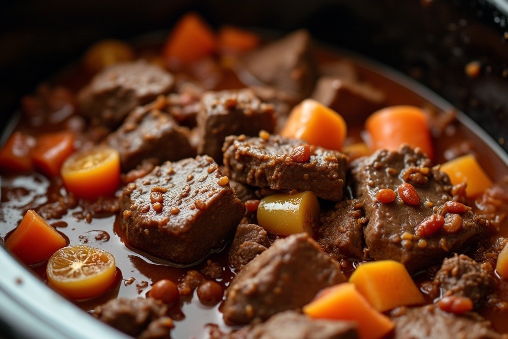 Slow cooker with beef stew ingredients