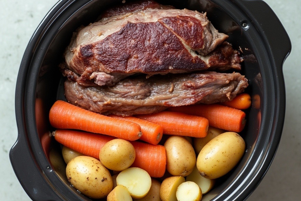 Layered ingredients in a slow cooker