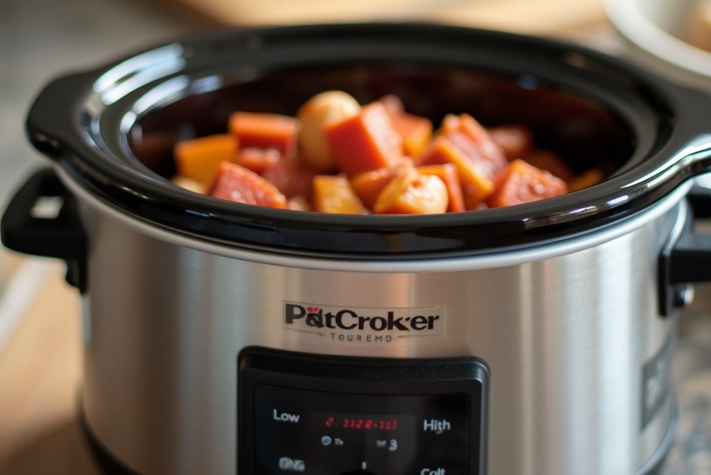 Slow cooker on a kitchen countertop with a timer