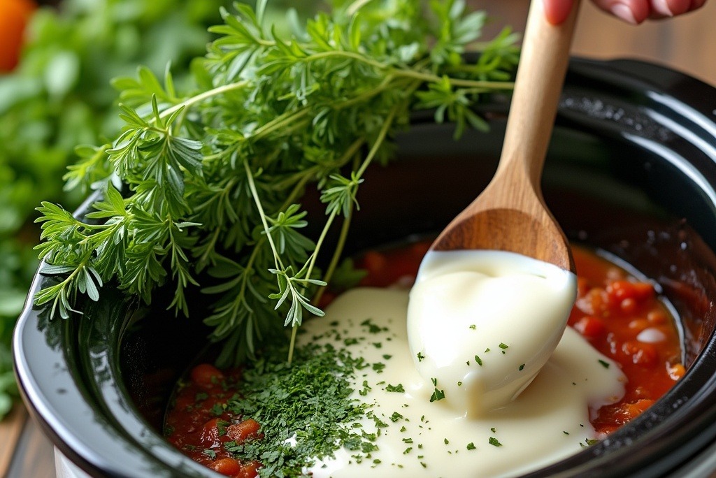 Fresh herbs and dairy being added to the slow cooker