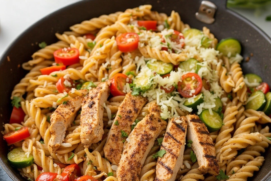 Lighter version of Cajun chicken pasta with vegetables