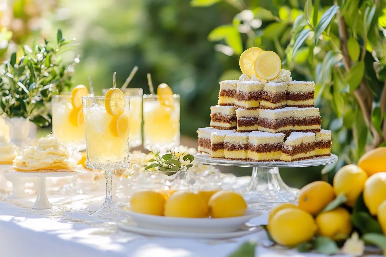 Dessert table with lemon brownies and lemonade